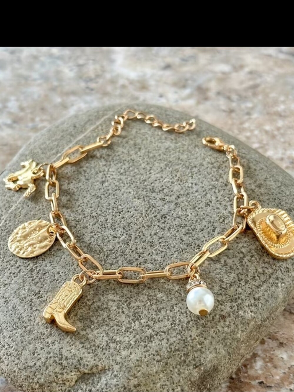 Western Cowboy Gold Charm Bracelet with Pearl Accent
